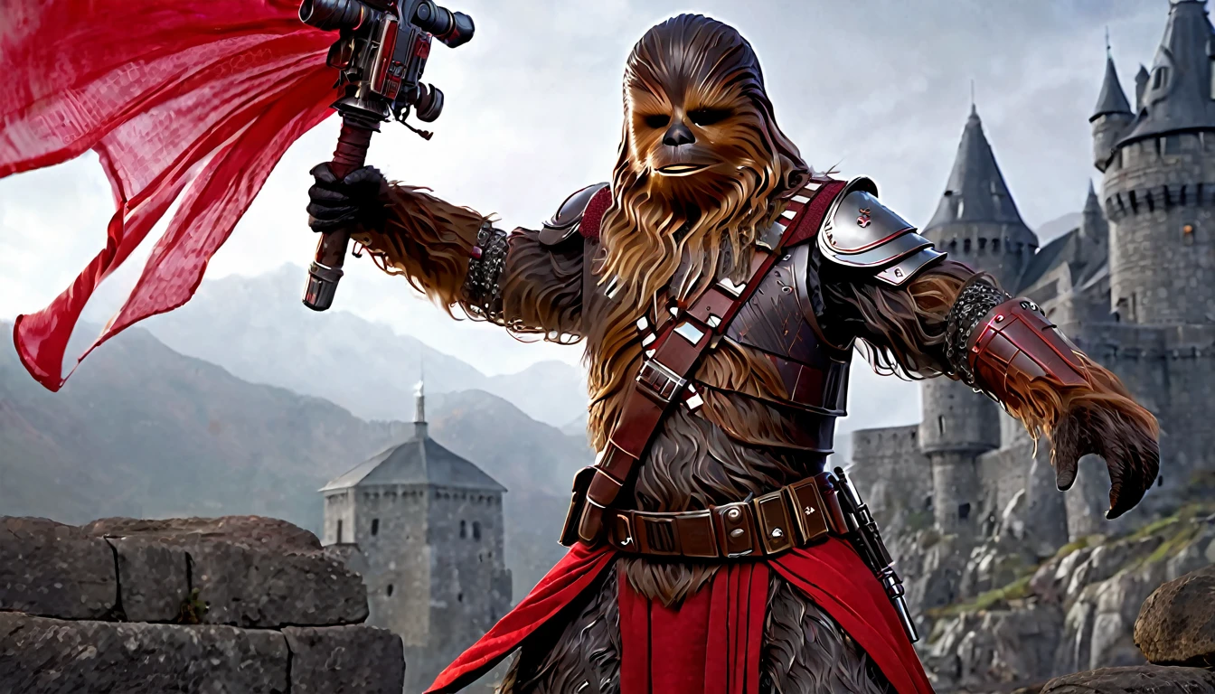 Chewbacca, dressed in medieval armor, red color, facing camera, full body, rule of thirds, cinematic, ultra detailed, visually rich, concept art, dark fantasy, intricate details, extremely detailed, ultra sharp focus, attention to detail , grandeur and awe, stunning visual masterpiece, double exposure, 32k, photorealistic, strong contours, cinematic scene, highest quality