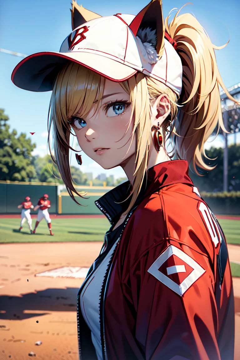 ((At the baseball field with the cat)),((Cat ears)), ((Sleeveless)),((Wine Red Baseball Cap)),((Wearing a wine red baseball uniform))、((Red jacket))、 Blonde Hair, 短めponytail, (Blonde Hair, short,ponytail), Pale blue eyes,Closed Mouth、Hoop Earrings, Jewelry,(Best Quality, 8k, Oil painting, Mastepiece:1.2), Super detailed, (Realism, It's photorealistic:1.37), (((Bust Shot))),