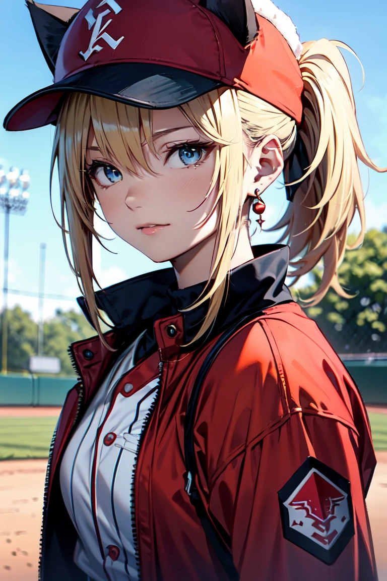 ((At the baseball field with the cat)),((Cat ears)), ((Sleeveless)),((Wine Red Baseball Cap)),((Wearing a wine red baseball uniform))、((Red jacket))、 Blonde Hair, 短めponytail, (Blonde Hair, short,ponytail), Pale blue eyes,Closed Mouth、Hoop Earrings, Jewelry,(Best Quality, 8k, Oil painting, Mastepiece:1.2), Super detailed, (Realism, It's photorealistic:1.37), (((Bust Shot))),