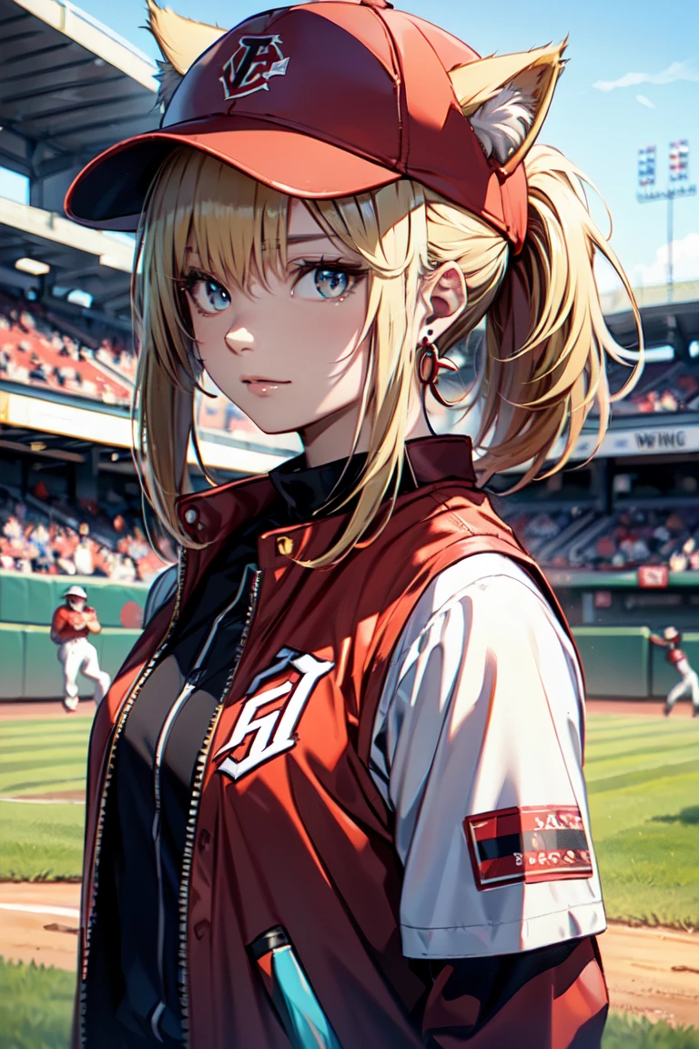 ((At the baseball field with the cat)),((Cat ears)), ((Sleeveless)),((Wine Red Baseball Cap)),((Wearing a wine red baseball uniform))、((Red jacket))、 Blonde Hair, 短めponytail, (Blonde Hair, short,ponytail), Pale blue eyes,Closed Mouth、Hoop Earrings, Jewelry,(Best Quality, 8k, Oil painting, Mastepiece:1.2), Super detailed, (Realism, It&#39;s photorealistic:1.37), (((Bust Shot))),