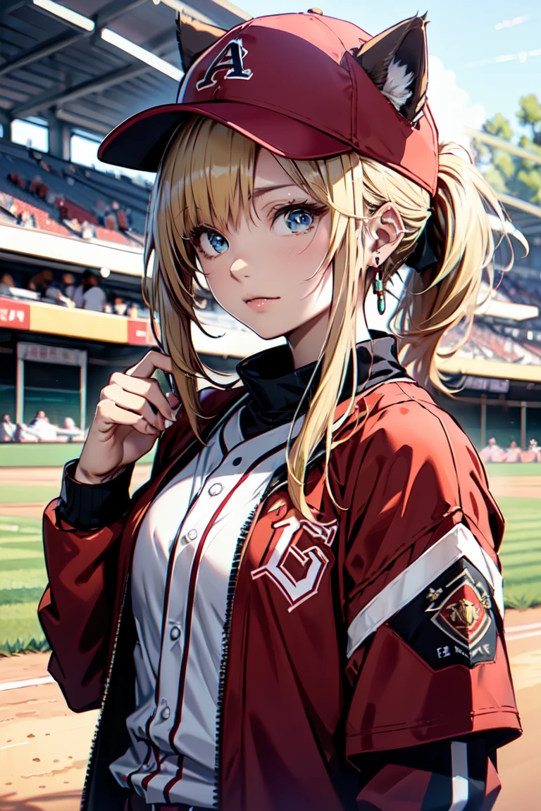 ((At the baseball field with the cat)),((Cat ears)), ((Sleeveless)),((Wine Red Baseball Cap)),((Wearing a wine red baseball uniform))、((Red jacket))、 Blonde Hair, 短めponytail, (Blonde Hair, short,ponytail), Pale blue eyes,Closed Mouth、Hoop Earrings, Jewelry,(Best Quality, 8k, Oil painting, Mastepiece:1.2), Super detailed, (Realism, It's photorealistic:1.37), (((Bust Shot))),