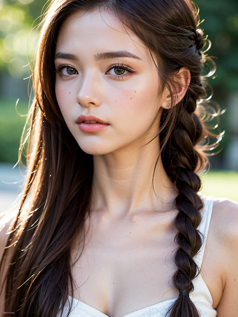 Caucasian model at 16 years old, close-up, masterpiece, best quality, raw photo, photorealistic, face, incredibly ridiculous, beautiful girl, cute, detailed eyes, one knot in braid, depth of field, high resolution, ultra detail, fine detail, very detailed, very detailed eyes and face, sharp pupils, realistic pupils, sharp focus, cinematic lighting , cohesive hairstyle, Blonde, Clean clothing, Face closeup, Masterpiece, Realistic skin texture, Ultra detailed, Lustrous hair and skin