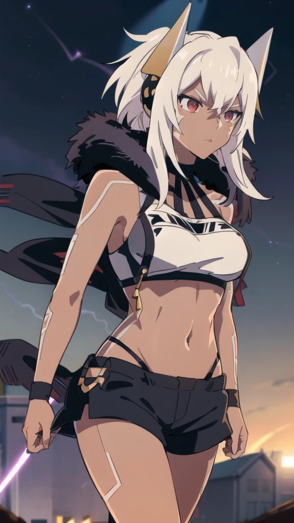 ((1girl,solo,mature female,tall)),big breasts,long hair, black hair,serious,horns,elf ears,black scarf,(dark skin),((midriff,black sports bra,neck fur)),(walking,night sky,night,thunder,lightnings),