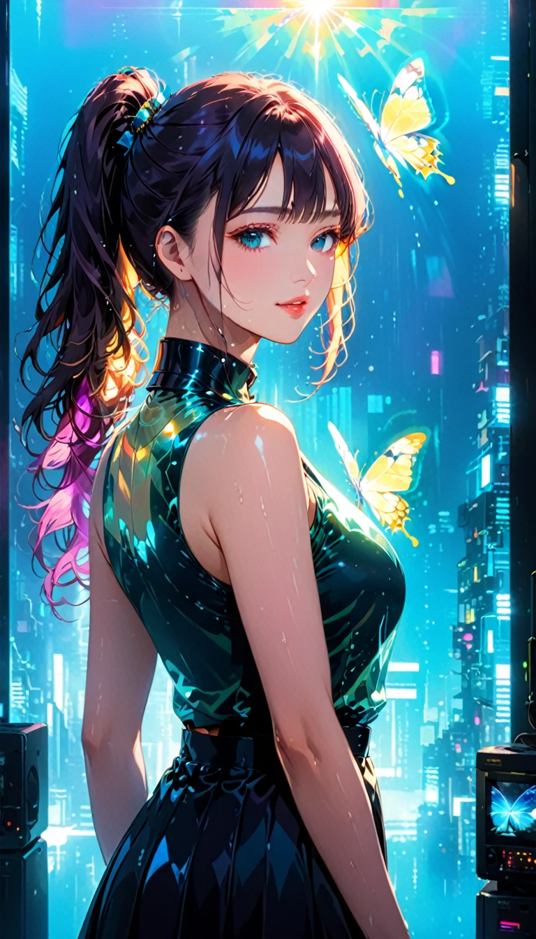 (masterpiece,Highest quality,Ultra-high resolution),Japanese women, (((Very beautiful 25 year old girl))), pretty girl、Look at the photographer、 ((Sleeveless collar shirt)), Very cute face, Glossy Lips, Double eyelids on both eyes,Natural smile、 Natural Makeup, Long eyelashes, Shiny and smooth hair、Center image, Perfect limbs, Perfect Anatomy,(((Tight Skirt)))、(((Looking Back)),Wet with sweat,Beautiful ponytail、Large Breasts、 (Double exposure:1.4),1. A giant silhouette of a girl and light shining into the darkness,Thrilling footage released,Cyberpunk Vaporwave,Holographic Projection,(Pause,Dynamic Action:1.8),Fractal Art,Lighting Butterfly