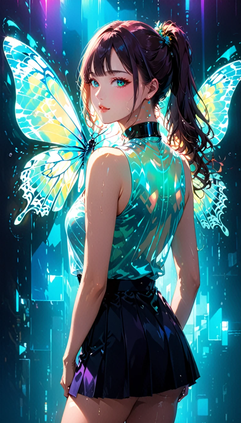 (masterpiece,Highest quality,Ultra-high resolution),Japanese women, (((Very beautiful 25 year old girl))), pretty girl、Look at the photographer､ ((Sleeveless collar shirt)), Very cute face, Glossy Lips, Double eyelids on both eyes,Natural smile、 Natural Makeup, Long eyelashes, Shiny and smooth hair､Center image, Perfect limbs, Perfect Anatomy,(((Tight Skirt)))、(((Looking Back)),Wet with sweat,Beautiful ponytail、Large Breasts、 (Double exposure:1.4),1. A giant silhouette of a girl and light shining into the darkness,Thrilling footage released,Cyberpunk Vaporwave,Holographic Projection,(Pause，Dynamic Action:1.8),Fractal Art,Lighting Butterfly