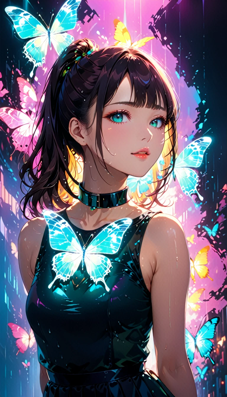 (masterpiece,Highest quality,Ultra-high resolution),Japanese women, (((Very beautiful 25 year old girl))), pretty girl、Look at the photographer、 ((Sleeveless collar shirt)), Very cute face, Glossy Lips, Double eyelids on both eyes,Natural smile、 Natural Makeup, Long eyelashes, Shiny and smooth hair、Center image, Perfect limbs, Perfect Anatomy,(((Tight Skirt)))、(((Looking Back)),Wet with sweat,Beautiful ponytail、Large Breasts、 (Double exposure:1.4),1. A giant silhouette of a girl and light shining into the darkness,Thrilling footage released,Cyberpunk Vaporwave,Holographic Projection,(Pause,Dynamic Action:1.8),Fractal Art,Lighting Butterfly