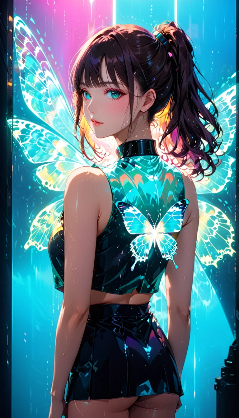 (masterpiece,Highest quality,Ultra-high resolution),Japanese women, (((Very beautiful 25 year old girl))), pretty girl、Look at the photographer、 ((Sleeveless collar shirt)), Very cute face, Glossy Lips, Double eyelids on both eyes,Natural smile、 Natural Makeup, Long eyelashes, Shiny and smooth hair、Center image, Perfect limbs, Perfect Anatomy,(((Tight Skirt)))、(((Looking Back)),Wet with sweat,Beautiful ponytail、Large Breasts、 (Double exposure:1.4),1. A giant silhouette of a girl and light shining into the darkness,Thrilling footage released,Cyberpunk Vaporwave,Holographic Projection,(Pause,Dynamic Action:1.8),Fractal Art,Lighting Butterfly