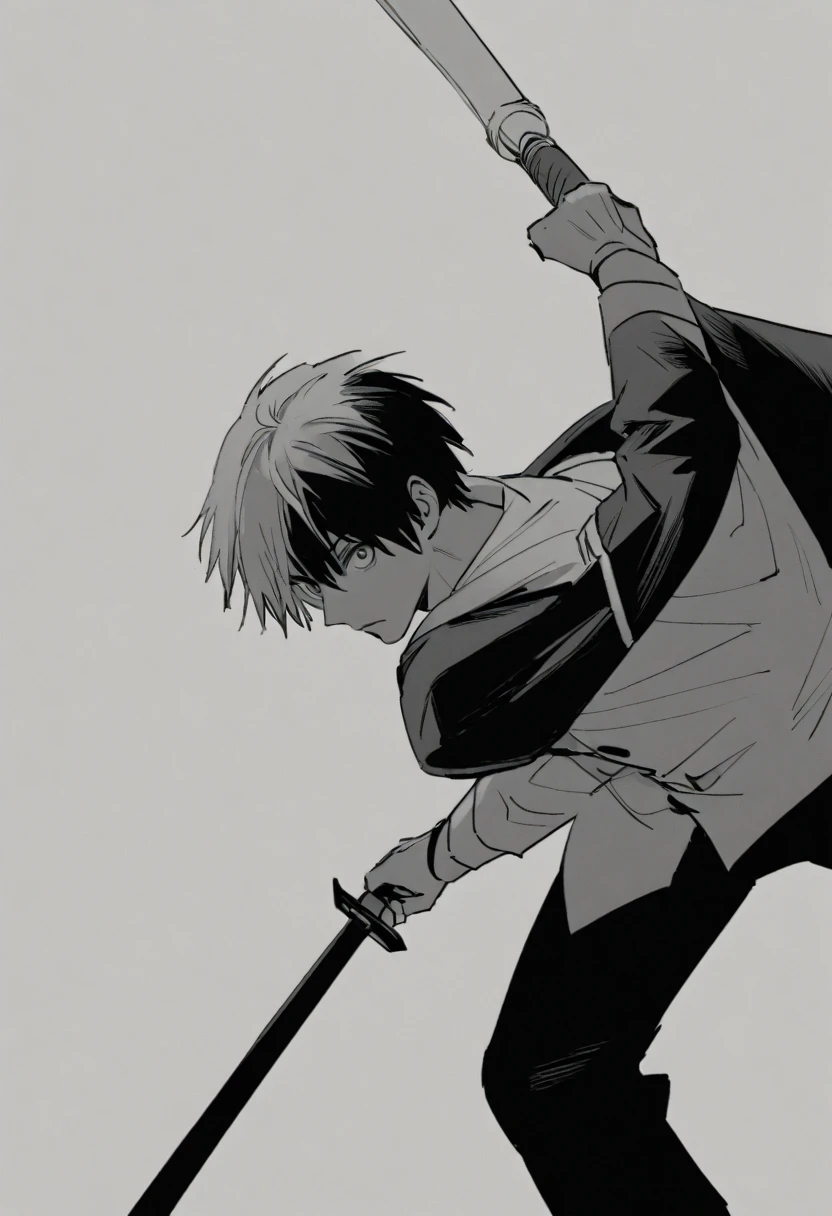 yuto-sano, 1boy, Kaneki, black hair, black suit, white shirt, armor,  elegant, monochrome, solo, greyscale, male focus, looking at viewer, pointing a sword, dynamic, action