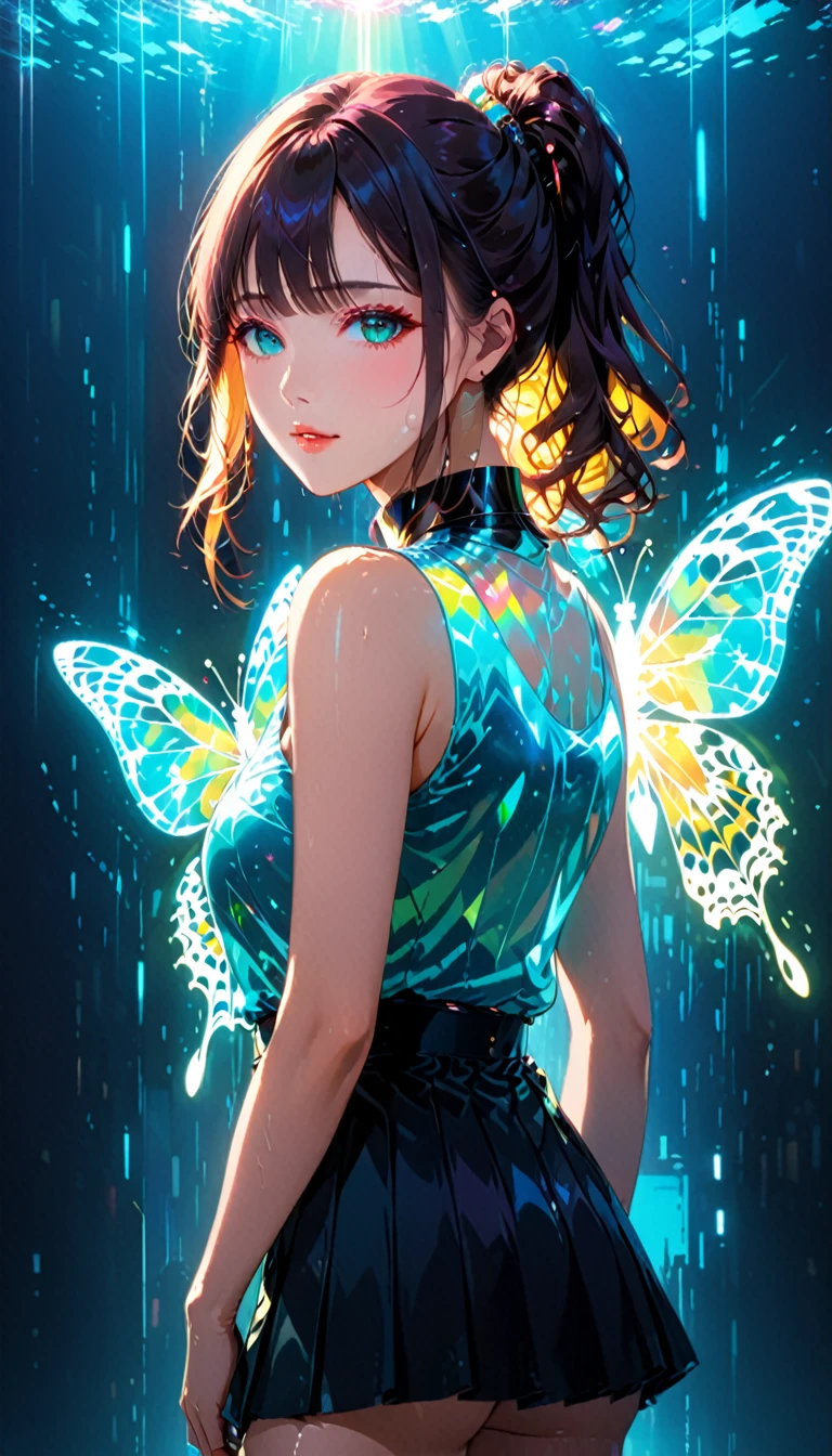 (masterpiece,Highest quality,Ultra-high resolution),Japanese women, (((Very beautiful 25 year old girl))), pretty girl、Look at the photographer､ ((Sleeveless collar shirt)), Very cute face, Glossy Lips, Double eyelids on both eyes,Natural smile、 Natural Makeup, Long eyelashes, Shiny and smooth hair､Center image, Perfect limbs, Perfect Anatomy,(((Tight Skirt)))、(((Looking Back)),Wet with sweat,Beautiful ponytail、Large Breasts、 (Double exposure:1.4),1. A giant silhouette of a girl and light shining into the darkness,Thrilling footage released,Cyberpunk Vaporwave,Holographic Projection,(Pause，Dynamic Action:1.8),Fractal Art,Lighting Butterfly