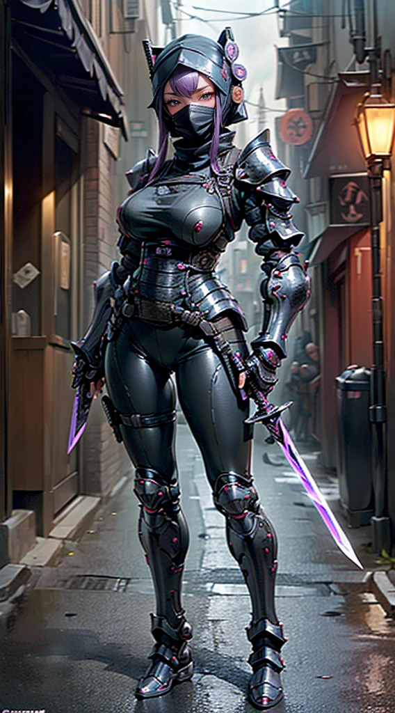 1girl,(table top,very detailed, heavy mechanism, hard surface),(concept art:1.1),(Taimanin Asagi style:0.8), A woman wearing ninja robot armor tying a seal,(full armor:1.4),(tactical ninja mask:1.5),(Purple body:1.1),(long legs:1.1),(Equipped with a sword on the back:1.3),(big breasts:1.2),(constriction),(detailed eye:1.3),(detailed face:1.3),(weapon details:1.3),(detailed body:1.3),((full body esbian:1.5)),(The background is a street corner at night:1.5),lively