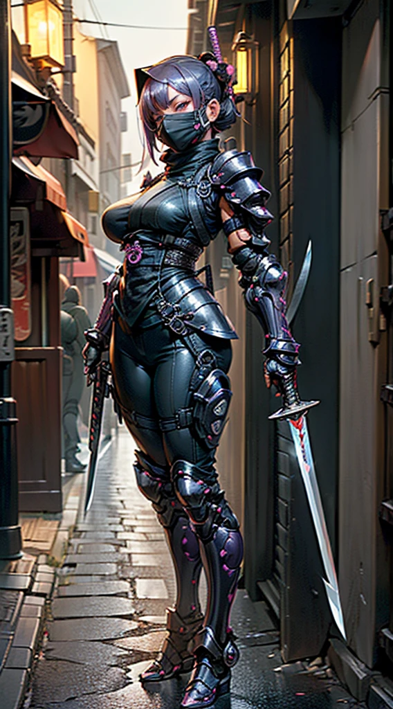 1girl,(table top,very detailed, heavy mechanism, hard surface),(concept art:1.1),(Taimanin Asagi style:0.8), A woman wearing ninja robot armor tying a seal,(full armor:1.4),(tactical ninja mask:1.5),(Purple body:1.1),(long legs:1.1),(Equipped with a sword on the back:1.3),(big breasts:1.2),(constriction),(detailed eye:1.3),(detailed face:1.3),(weapon details:1.3),(detailed body:1.3),((full body esbian:1.5)),(The background is a street corner at night:1.5),lively