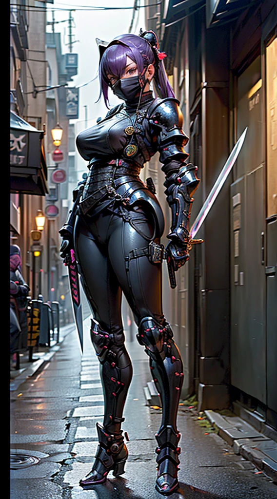 1girl,(table top,very detailed, heavy mechanism, hard surface),(concept art:1.1),(Taimanin Asagi style:0.8), A woman wearing ninja robot armor tying a seal,(full armor:1.4),(tactical ninja mask:1.5),(Purple body:1.1),(long legs:1.1),(Equipped with a sword on the back:1.3),(big breasts:1.2),(constriction),(detailed eye:1.3),(detailed face:1.3),(weapon details:1.3),(detailed body:1.3),((full body esbian:1.5)),(The background is a street corner at night:1.5),lively