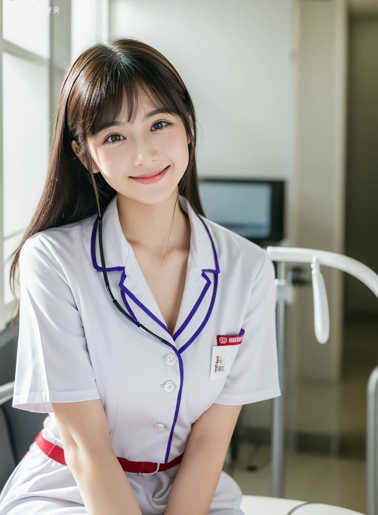 (1 Girl)、(Beautiful Japanese、18-year-old,Round face、refresh、clear、Seems kind、stylish、Pathetic、cute like an angel、cute、Iris、,actress,Almond-shaped eyes), Good style , (Beautiful big boobs:1.0),(Soft Breasts),(very cute),(Black Hair),(Long Hair),(Captivating eyes),(Eye highlights:1.2)、(8K、Live Shooting、Highest quality、masterpiece:1.2、Optimal Lighting)、((masterpiece)),(Photos taken by a professional photographer),(Genuine、photo Genuine:1.4),break,{ (White nurse costume),(((Traditional Nurse Uniform))),(White Nurse Mini Skirt),(( pantyhose)),(Cleavage:0.7)},(smile),(Red cheeks:1.2), break, break,hospital,Face shot、hospital corridor、Smile、Face close-up、