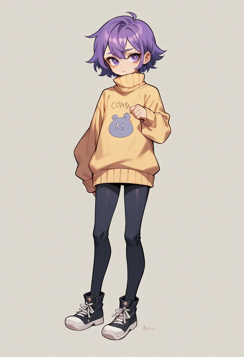 young black androgynous person with purple eyes, feminine figure, female and yellowish sweater, 3/4 view, full body in frame, solid background