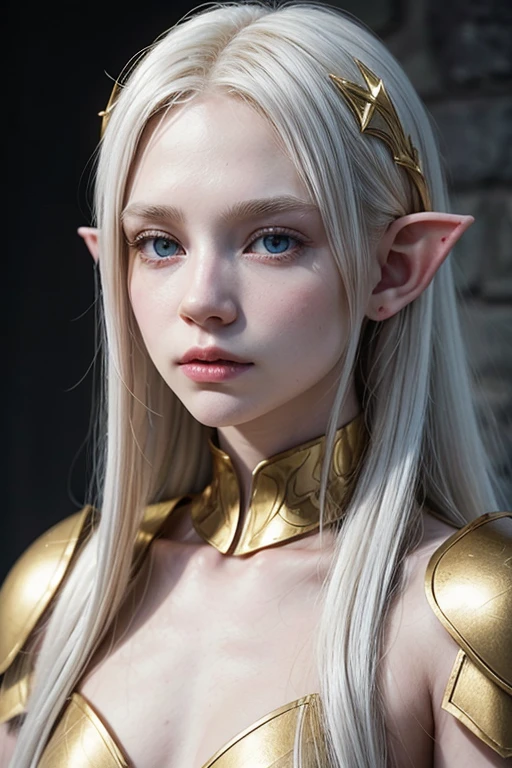 26 year old medieval albino elf with golden armor, long, straight white hair, small ears, small, thin nose, gray eyes and pale skin 