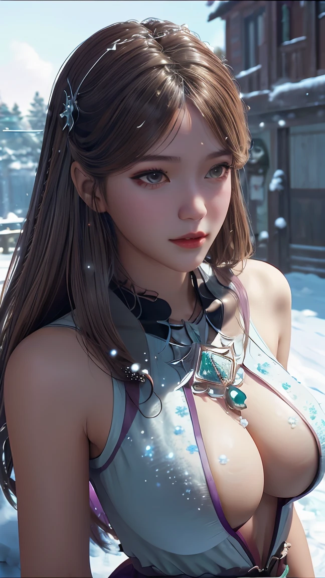 Ultra-realistic 8k CG, flawless, Clean, masterpiece, professional artwork, famous artwork, Cinema lighting, bloom, perfect face, pretty face, fantasy, dreamlike, illusory, Science fiction,   lace, lace trim, lace-trimmed legwear, luxurious, jewelry, diamond, Kaneko, pearl, gem, 蓝gem, 红gem, emerald, intricate details, Exquisite pattern, charming, Tempting, Tempting, disciple, enchanting, hair accessories, necklace, earrings, bracelet, armband,halo,autumn,huge breast,expose breast,expose breast,Expose cleavage，Expose cleavage，See the breasts，Show breasts，
((,1 girl, Throw,best quality, ))  , ((((1 girl, alone,outdoor, big breasts,,snowflakes,  snow, snowing,  plum bossom,  ))))
