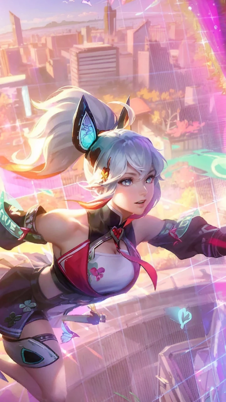 Ultra-realistic 8K CG,tmasterpiece,((Ultra detailed backgrounds,delicate patterns,Complicated details)),Best quality at best,very vey very detailed face,very detailed eyes and faces,Very detailed eyes,Kochou Shinobu,O cabelo multicolorido,No bangs,hair intakes,Purple eye,haori,butterflys,obi strip,(trpical garden:1.2),purple flower,mostly cloudy sky,rays of sunshine,Tyndall effect,Gradient_sky,the face,beautiful sky,Saber on the waist,captivating posture,(Large breasts:1.3),(cleavage:1.3),(Off-the-shoulder attire:1.6)