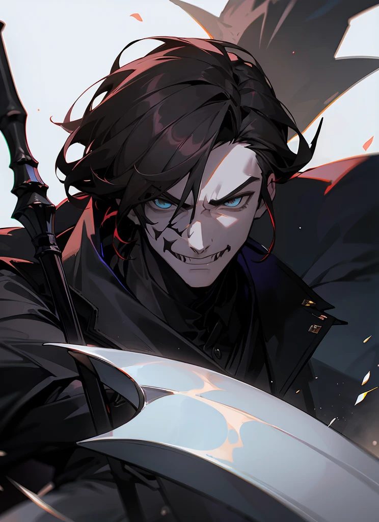 1 , handsome fashion hair,dark hair highlightwhite, fanstasy, smile face, male ,fantasy, reaper, hunter with blackshortsword, villian face, black armor , darkness wolrd, bad