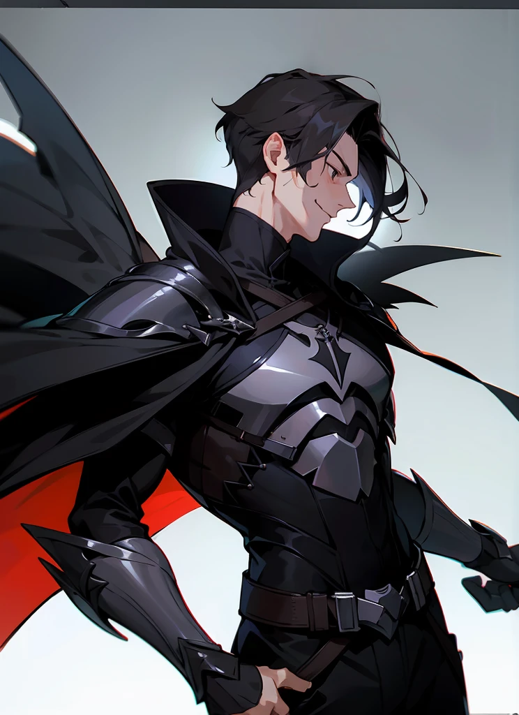 1 , handsome fashion hair,dark hair highlightwhite, fanstasy, smile face, male ,fantasy, reaper, hunter with blackshortsword, villian face, black armor , darkness wolrd, bad