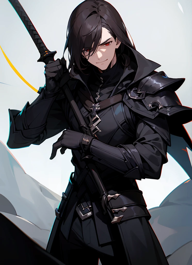 1 , handsome fashion hair,dark hair highlightwhite, fanstasy, smile face, male ,fantasy, reaper, hunter with blackshortsword, villian face, black armor , darkness wolrd, bad