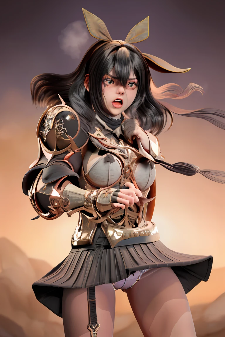female knight Black Hair armor mini skirt shot White underwear battlefield anger
