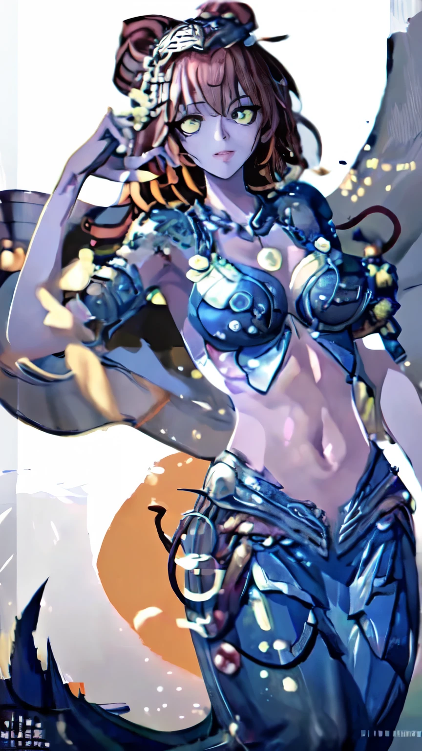 (illustration:1.8),(best quality),(masterpiece:1.5),masterpiece,extremely detailed CG unity 8k wallpaper),depth of field, mermaid, 1girl, solo, midriff, navel, armpits, bra, fins, gills, bracelet, armlet, necklace, pearls, choker, gold, jewelry, full body, Onozuka Komachi