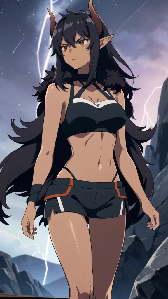 ((1girl,solo,mature female,tall)),big breasts,long hair, black hair,serious,horns,elf ears,black scarf,(dark skin),((midriff,black sports bra,neck fur)),(walking,night sky,night,thunder,lightnings),