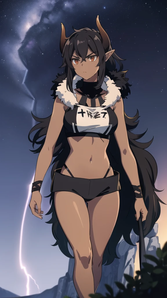 ((1girl,solo,mature female,tall)),big breasts,long hair, black hair,serious,horns,elf ears,black scarf,(dark skin),((midriff,black sports bra,neck fur)),(walking,night sky,night,thunder,lightnings),