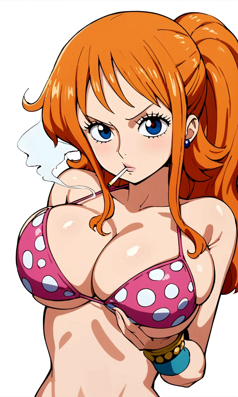 a cartoon picture of a woman in a bikini top and jeans, nami one piece, nami from one piece, nami, beautiful portrait of nami, from one piece, oppai, blue eyes, smoking, ponytail