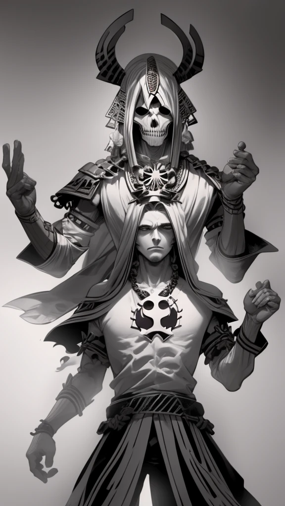 Ser imposing, Skeletal, demonic, With horns, with a sword drawn, God of Death, mictlantecuhtli, skeleton, armor, be powerful, Mexico, be mystical, lord of the underworld, god of the dead, He is a being that is not afraid of anything, Although he does have a fear but he leaves fear aside and decides to be a good skeleton, With his plume, Feathers on his head, Demonic, Mexica, Aztlaneca, Mexican God, Powerful