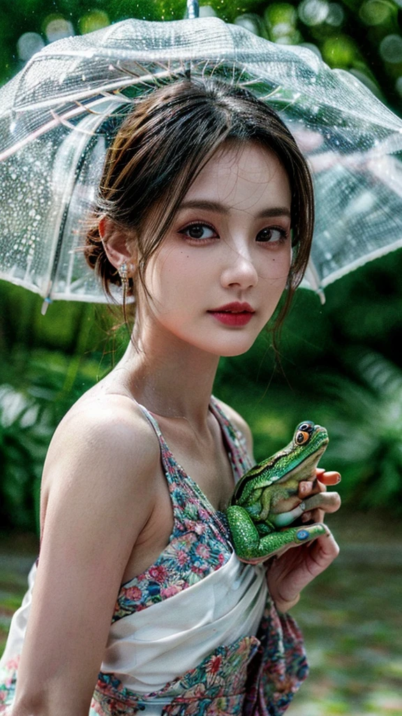 a girl holding an umbrella, beautiful detailed eyes, beautiful detailed lips, extremely detailed eyes and face, longeyelashes, cute frog and snail, playing together, intricate details, vibrant colors, natural lighting, serene atmosphere, digital painting, detailed background, soft focus, dreamlike, whimsical, pastel colors, delicate brushstrokes, (best quality,4k,8k,highres,masterpiece:1.2),ultra-detailed,(realistic,photorealistic,photo-realistic:1.37)