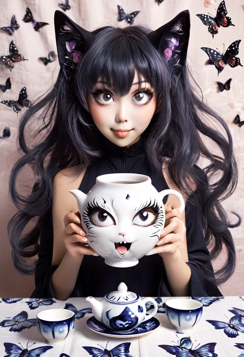 The beautiful Tatsumaki, With her huge eyes she looks amazed and with a big smile while she drinks tea from ceramic cups with ghostly cat shapes while the butterflies flutter around the table and the tablecloth..