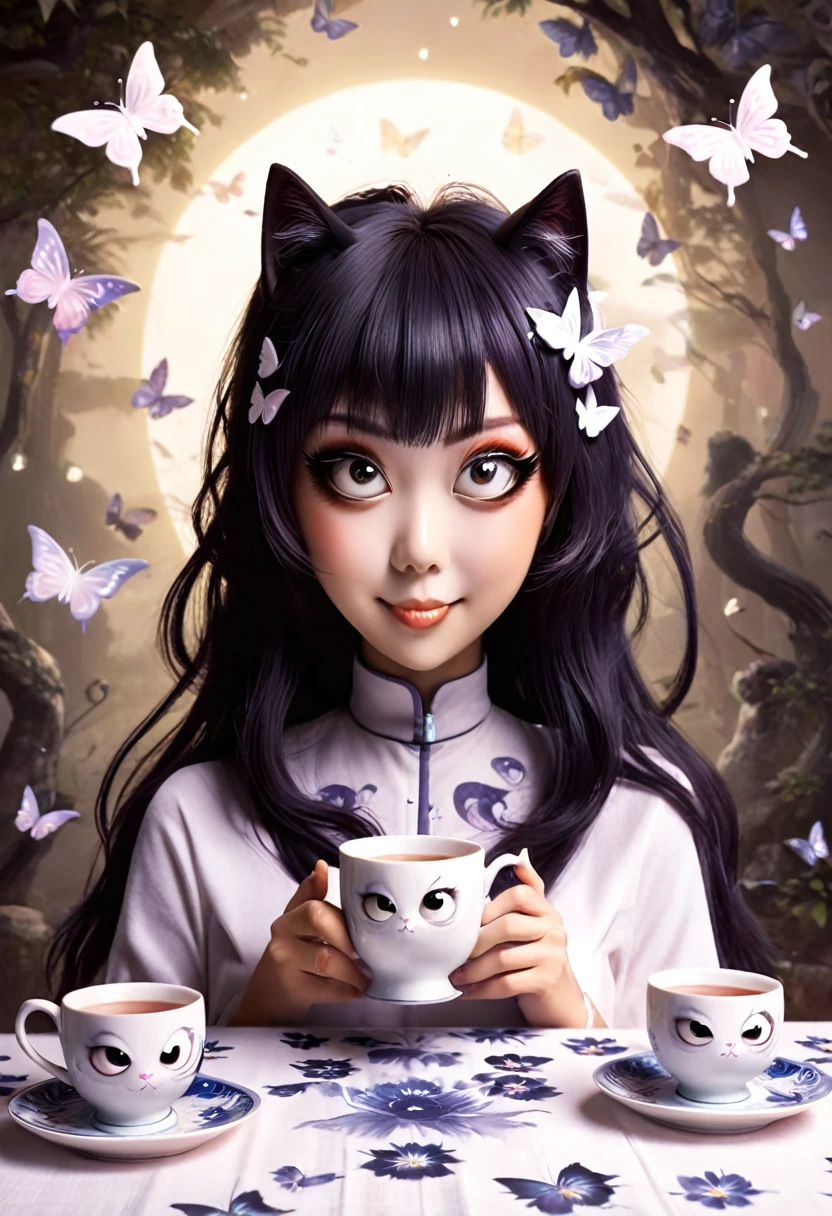 The beautiful Tatsumaki, With her huge eyes she looks amazed and with a big smile while she drinks tea from ceramic cups with ghostly cat shapes while the butterflies flutter around the table and the tablecloth..