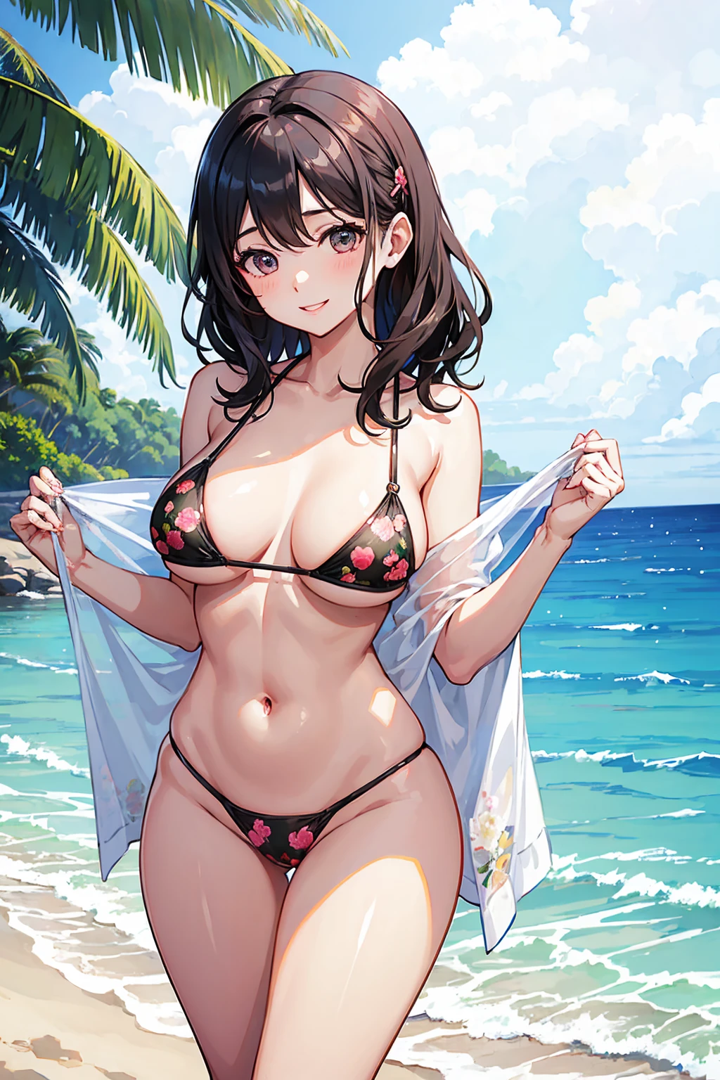 (NSFW)、beautiful young woman，perfect body and beautiful big eyes, perfectly slim and thick body, short and wavy hair, hair band, micro bikini with delicate print, play on the beach, tropical island, Happy, smile gently, Open, That&#39;s a perfect face, mute tone, in the atmosphere, clean lines, Complex, Super detailed, realistic, 8K、nipple、