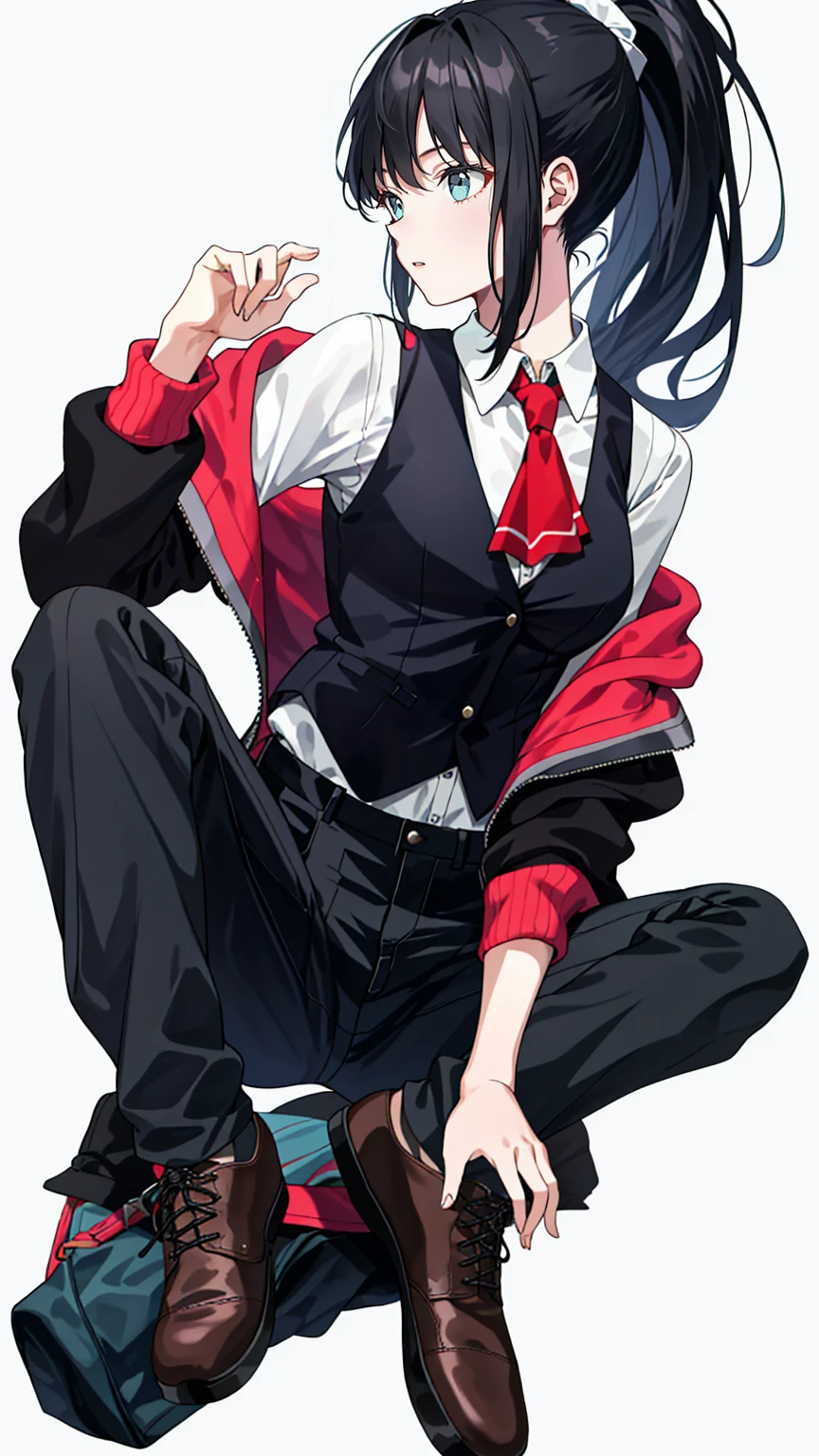 1 girl, 20 years old, full body, waistcoat, high ponytail, black hair,