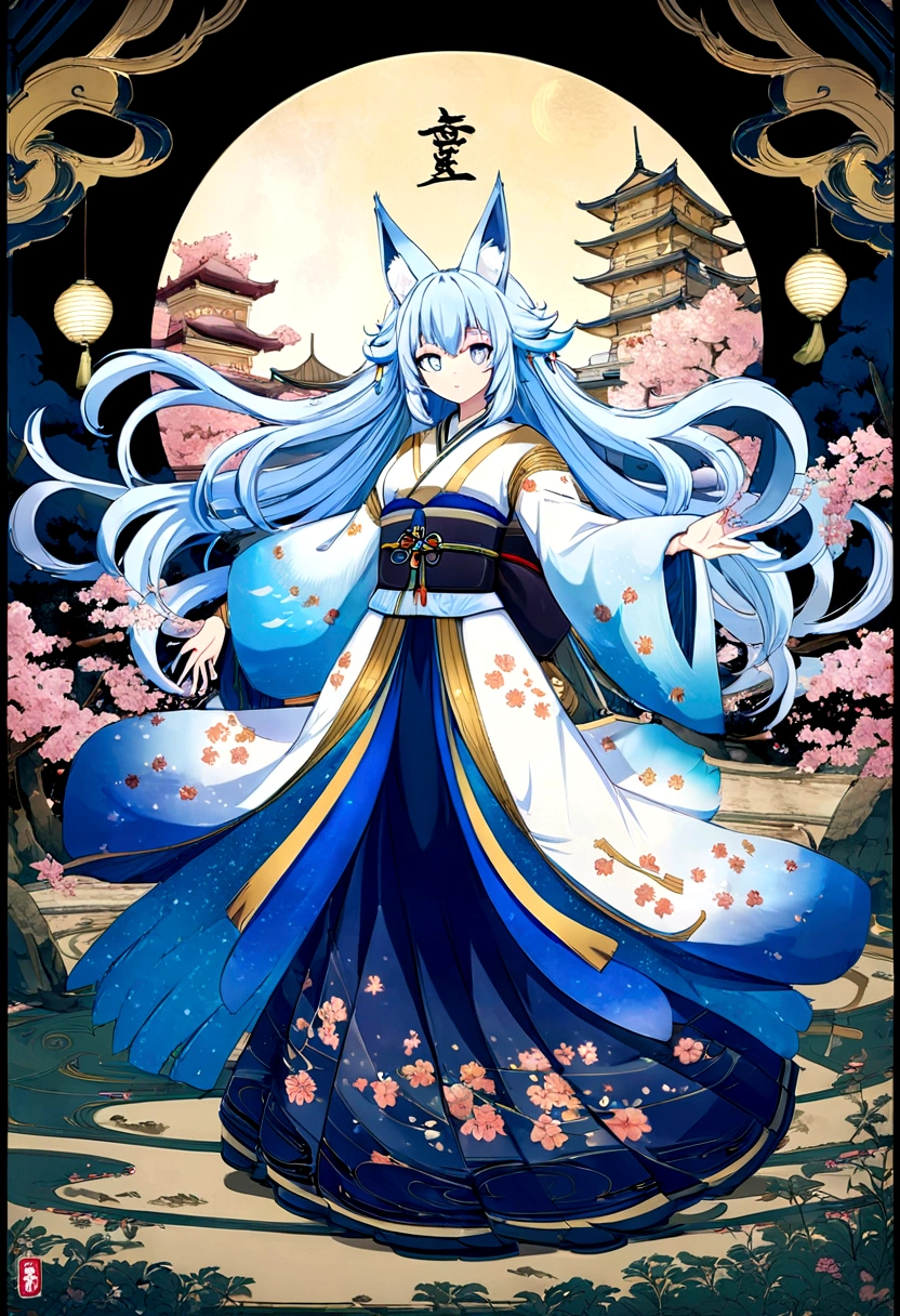 fox Light blue hair 　beast girl　indigo fur　fox beast girl　Anime Style　fox　blue　White-faced golden-haired nine-tailed fox　Coat blue　　　mysterious background　Blue Flame　girl　have a ball of lightfox Light blue hair 　beast girl　indigo fur　fox beast girl　Wallpaper 4k,8k,highly detailled,,vivid colors,detailed kitsune with 9 tails,traditional Japanese artwork,tatami floor,beautiful cherry blossoms,floating lanterns,dark silhouette of a pagoda,subtle moonlight,dense forest,ethereal atmosphere,dappled sunlight,whimsical spirit,serene expression,elaborate kimono and obi,delicate hand-painted details,luminous eyes　Anime Style　fox　blue　White-faced golden-haired nine-tailed fox　Coat blue　　　mysterious background　Blue Flame　girl　have a ball of light 