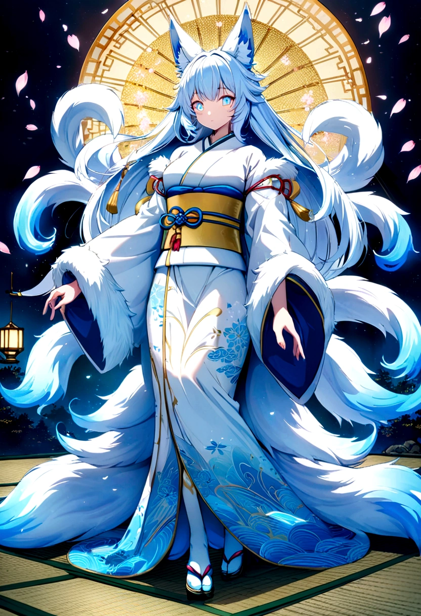 fox Light blue hair beast girl indigo fur fox beast girl Anime Style fox blue White-faced golden-haired nine-tailed fox Coat blue mysterious background Blue Flame girl have a ball of lightfox Light blue hair beast girl indigo fur fox beast girl Wallpaper 4k,8k,highly detailled,,vivid colors,detailed kitsune with 9 tails,traditional Japanese artwork,tatami floor,beautiful cherry blossoms,floating lanterns,dark silhouette of a pagoda,subtle moonlight,dense forest,ethereal atmosphere,dappled sunlight,whimsical spirit,serene expression,elaborate kimono and obi,delicate hand-painted details,luminous eyes Anime Style fox blue White-faced golden-haired nine-tailed fox Coat blue mysterious background Blue Flame girl have a ball of light