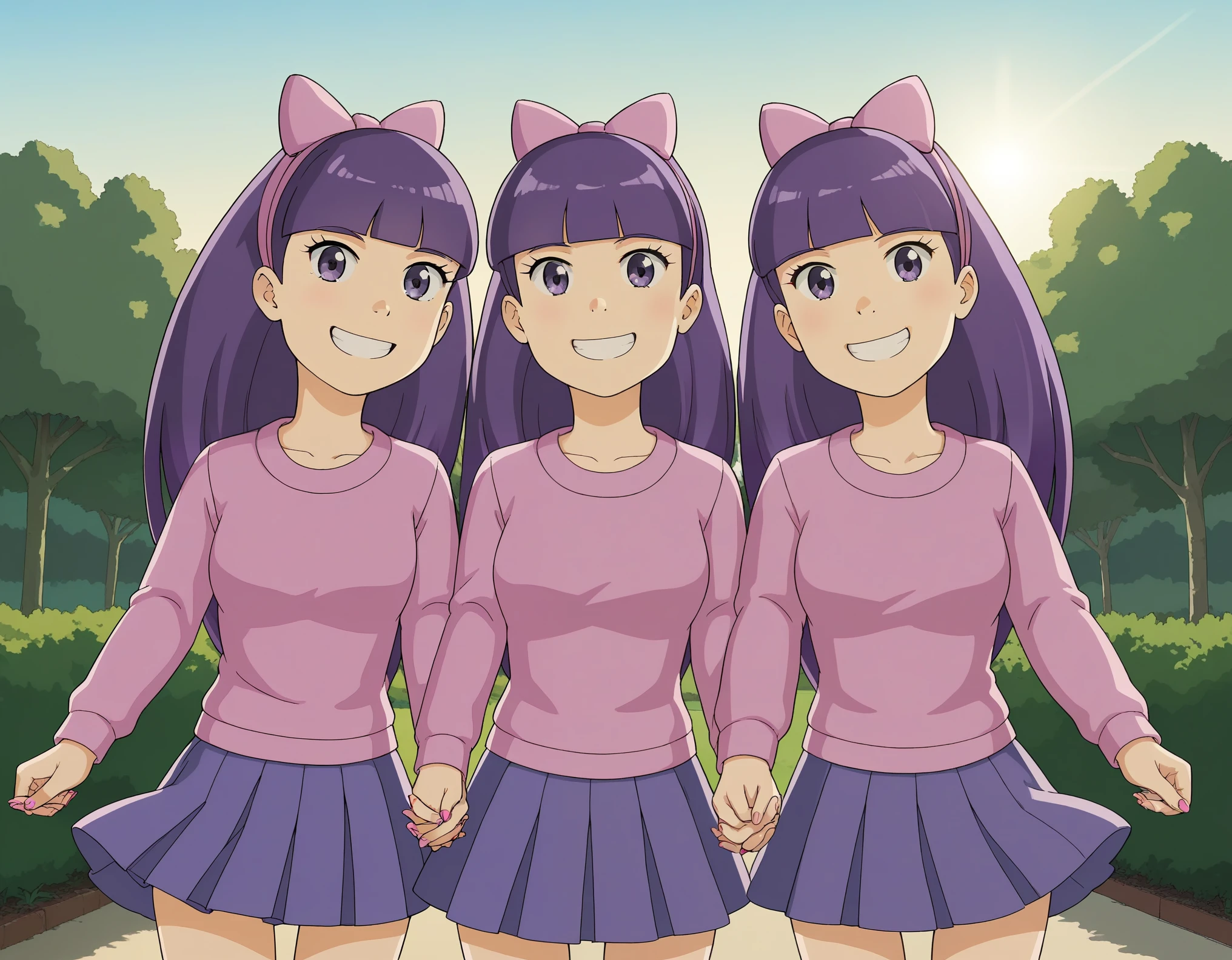 score_9, score_8, score_9, BREAK, sherri-terri, 2girls, twins, purple hair, hair bow, skirt, outdoors, smiling, holding hands, looking at viewer, natural lighting