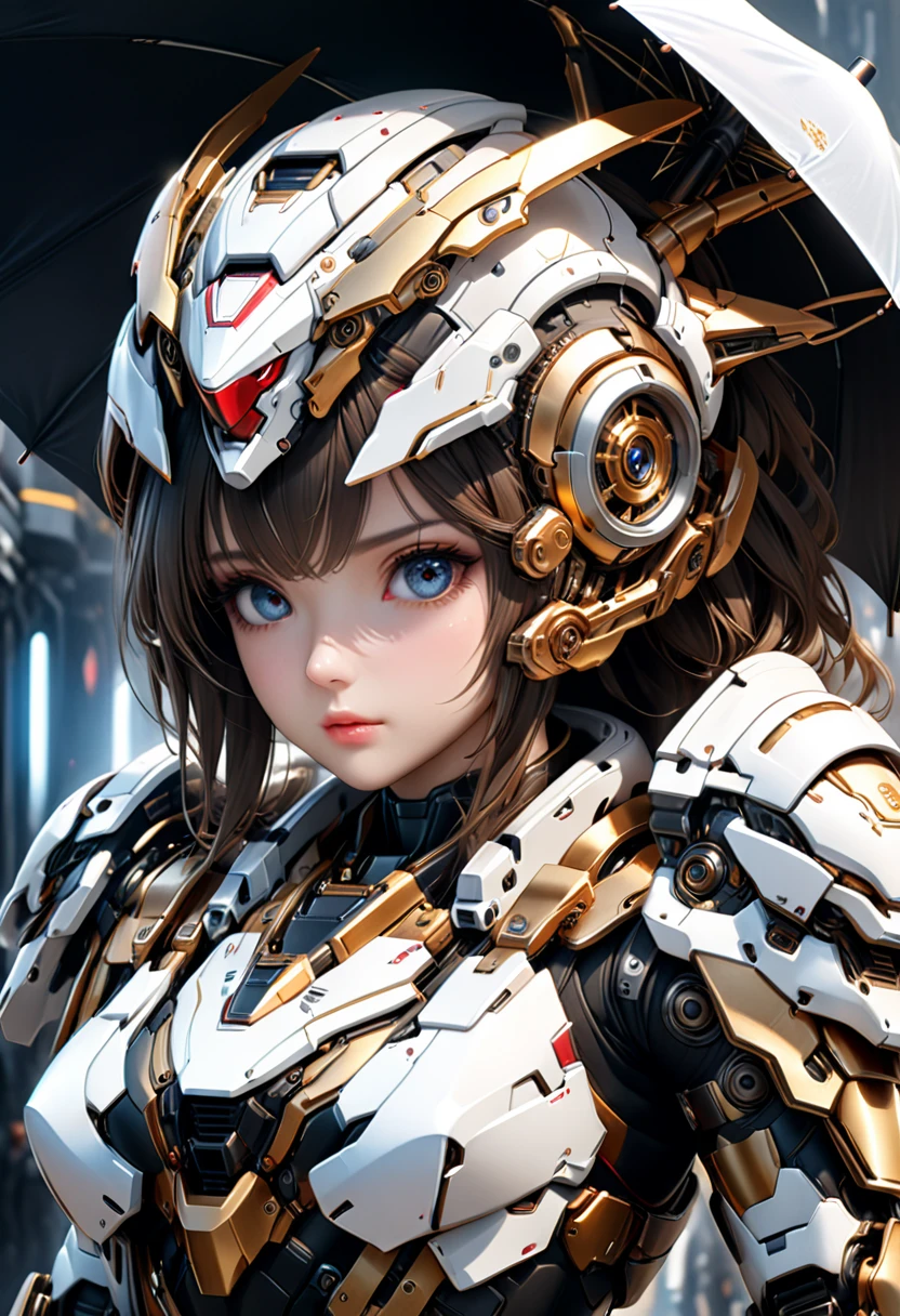 1girl, beautiful, umbrella, (red, gold, black and white sci-fi armor), mecha elements, (best quality,4k,8k,highres,masterpiece:1.2),ultra-detailed,(realistic,photorealistic,photo-realistic:1.37),cinematic lighting, dramatic atmosphere, highly detailed face and eyes, intricate mechanical details, futuristic, sci-fi, concept art