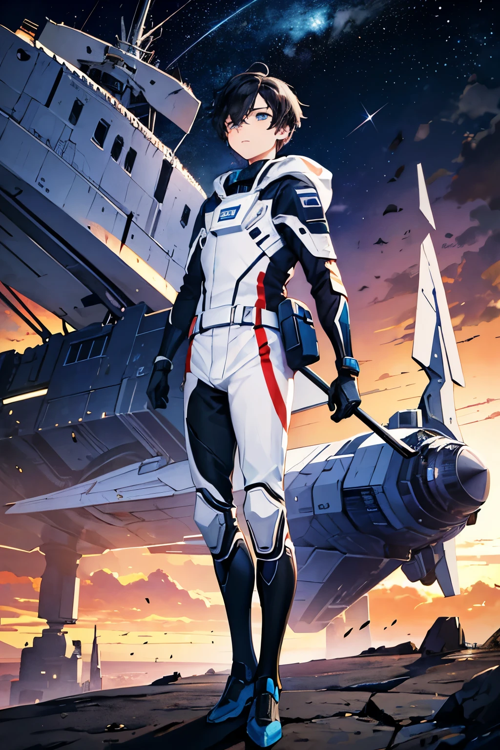Prompt: (masterpiece), best quality, expressive eyes, perfect face,(((boy))),black hair, blue eyes, fleet, flying ship, space suit, spaceship, full body, look up, characters from the ground, sunset,
