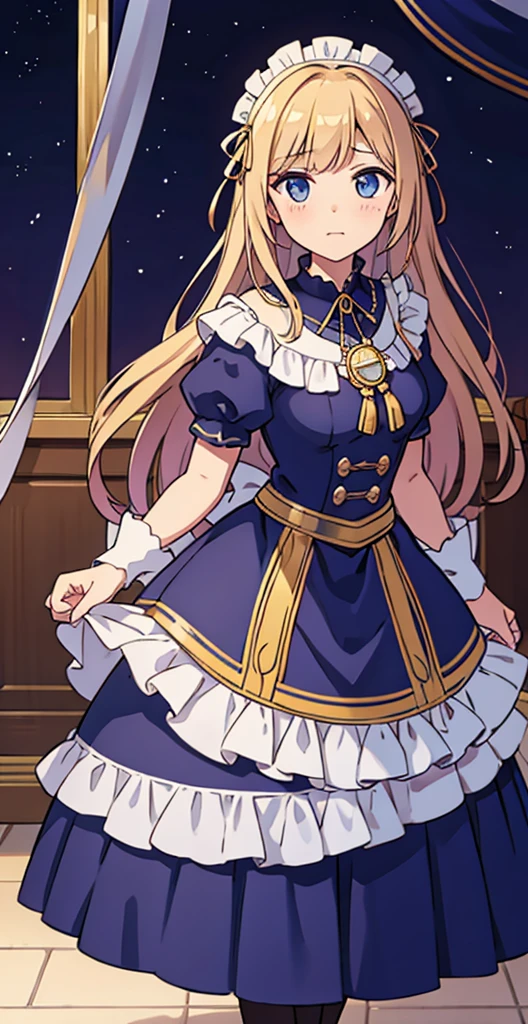 ((masterpiece, best quality)), (1girl), ((mature female)), ((maid)), (maid dress), fenniA, lace-trimmed_dress, white_single_legwear, hair_ornament, white_gloves, waist_band, blue_footwear, ribbon, iya na kao, face, dislike, angry, hate, iyanakao, in the castle, medieval, looking at viewer,from below