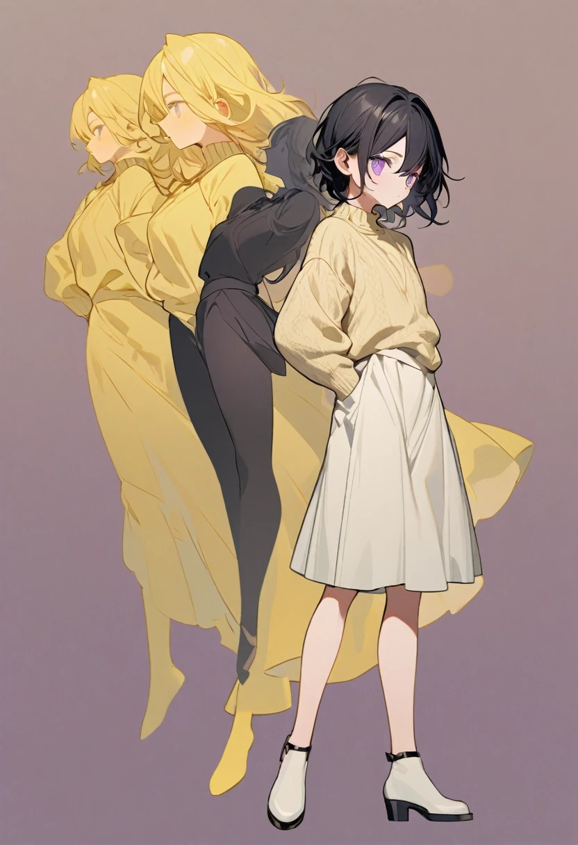 young black androgynous person with purple eyes, feminine figure, female and yellowish sweater, 3/4 view, full body in frame, solid background