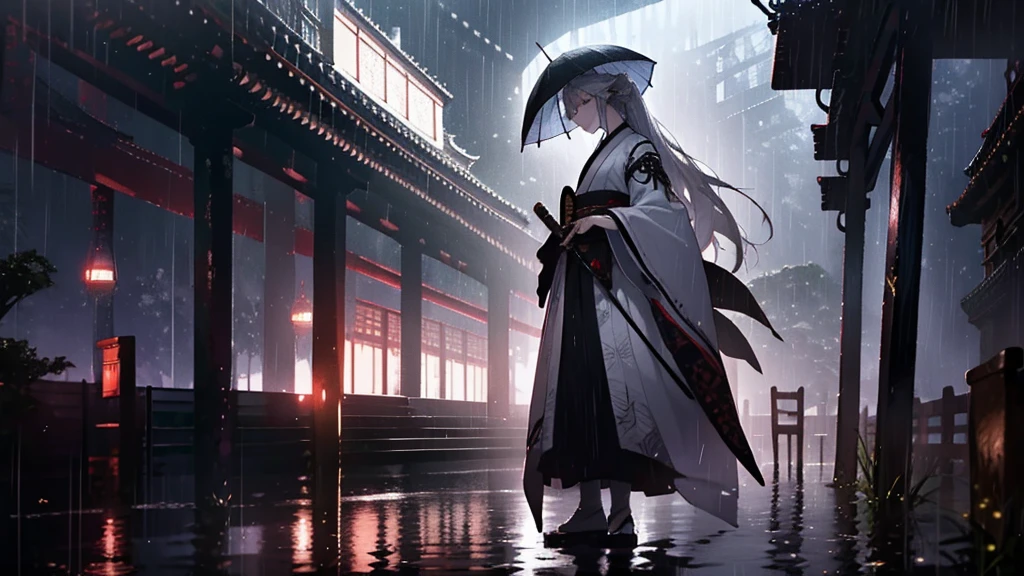 Highest quality, woman, warrior, sad, carry a sword, shade, Tears, Are standing, Recall, Semi-long gray hair, Silver Eyes, sanpaku, Pale skin, expensive, Japanese clothes, 20-year-old, Japanese, sad場面, At night, outside, In the rain