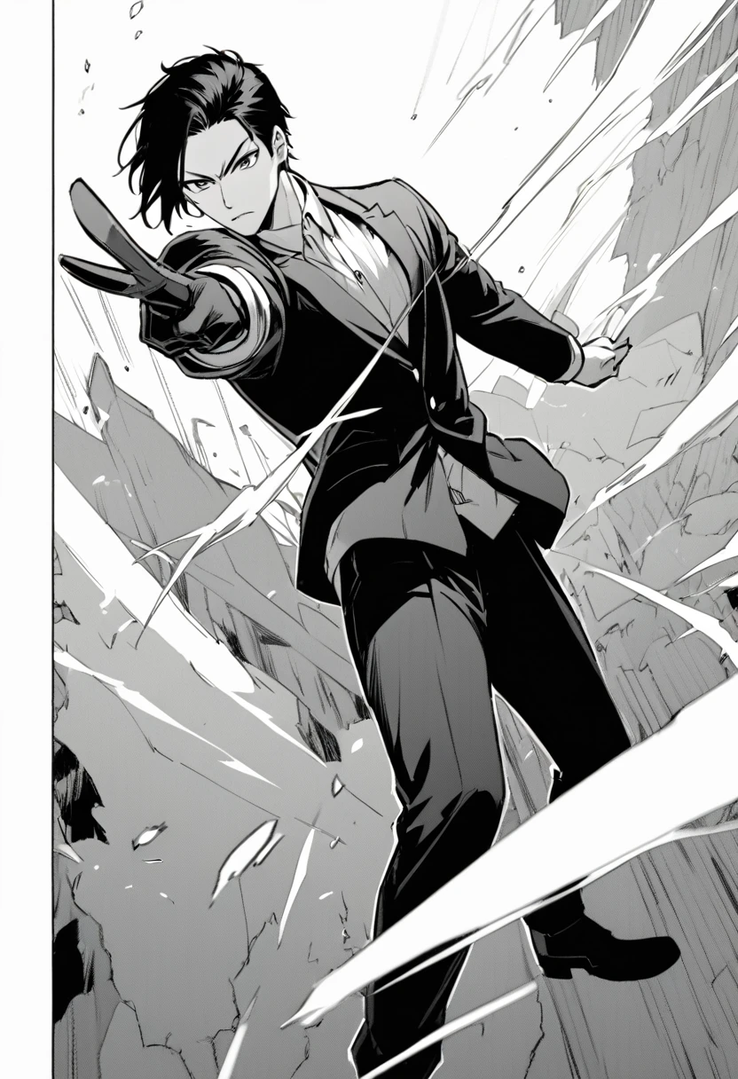 yuto-sano, 1boy, Kaneki, black hair, black suit, white shirt, armor, elegant, monochrome, solo, greyscale, male focus, looking at viewer, pointing a sword, dynamic, action