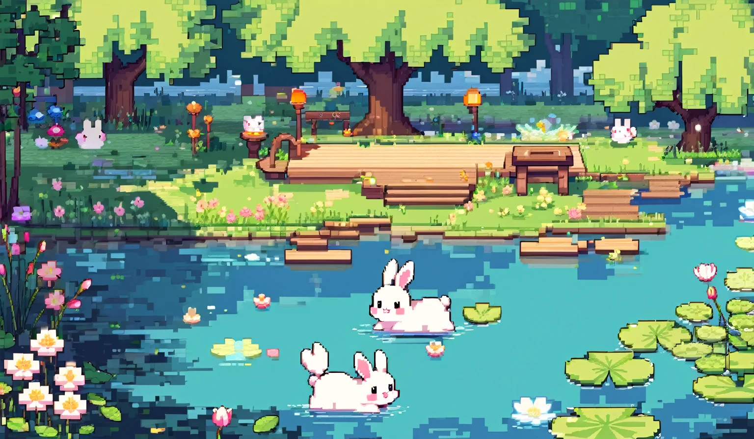 kawaii, pixel art, cartoon bunny by the lake, lily pads, flowers, willow tree