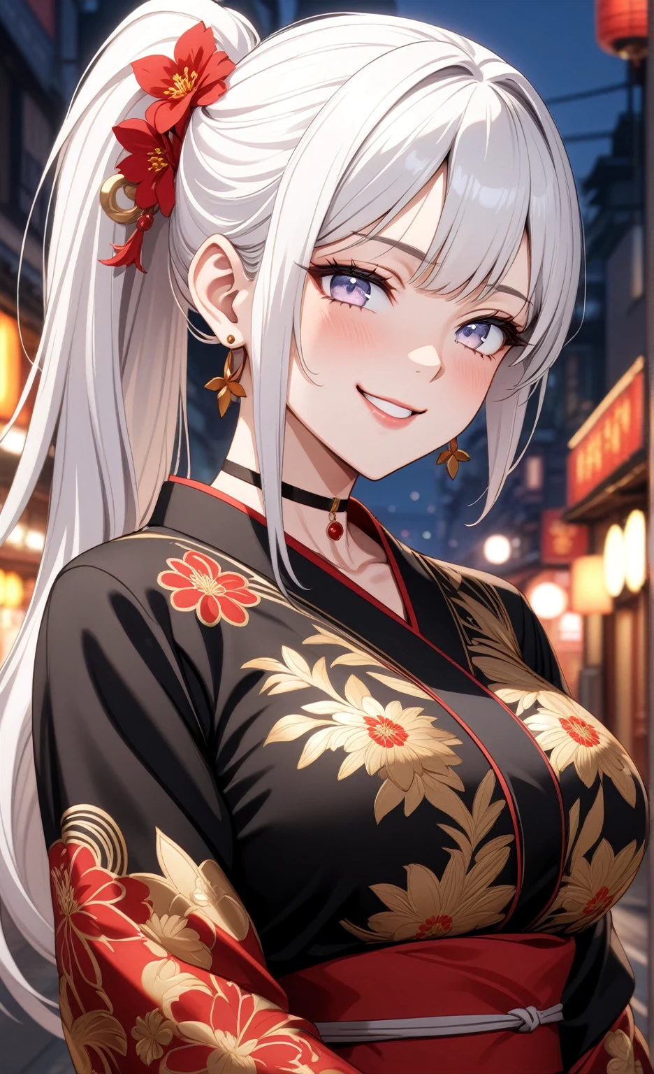 ((One personの女性)), Beautiful Face, (Laughing embarrassedly), (smirk), ((Wink:1.8)), Laugh with your mouth wide open,((Bright red cheeks:1.4)),Shiny red lips,night,Chinatown,You can see the ocean, firework,,Glossy pink lips,Facial lighting,((Anime style background)),masterpiece, Highest quality, so beautiful,up to date, Complex details, (Pink long nails),  (ring),(bracelet),(choker),AI-generated, Complex,High resolution, Highest quality, super high quality,3D Images、3D Images,One person,Long white hair,High Ponytail,(blue eyes),Anime woman posing for a photo, ((Fine grain、Silvery white colorful eyes、Shining Eyes:1.3)),(Squint your eyes:1.1),a hyperRealistic , hyperRealistic , Realistic,Anime woman with long white hair, Smooth anime CG art, A woman in a colorful kimono with gold embroidery, (Black long sleeve kimono),Red floral pattern,Long flower hair ornament,Earrings,Mature Body,(Big Breasts:1.1),Tall,Abdominal muscles,Narrow waist,(Zoom up to face:1.2), ((from side)),