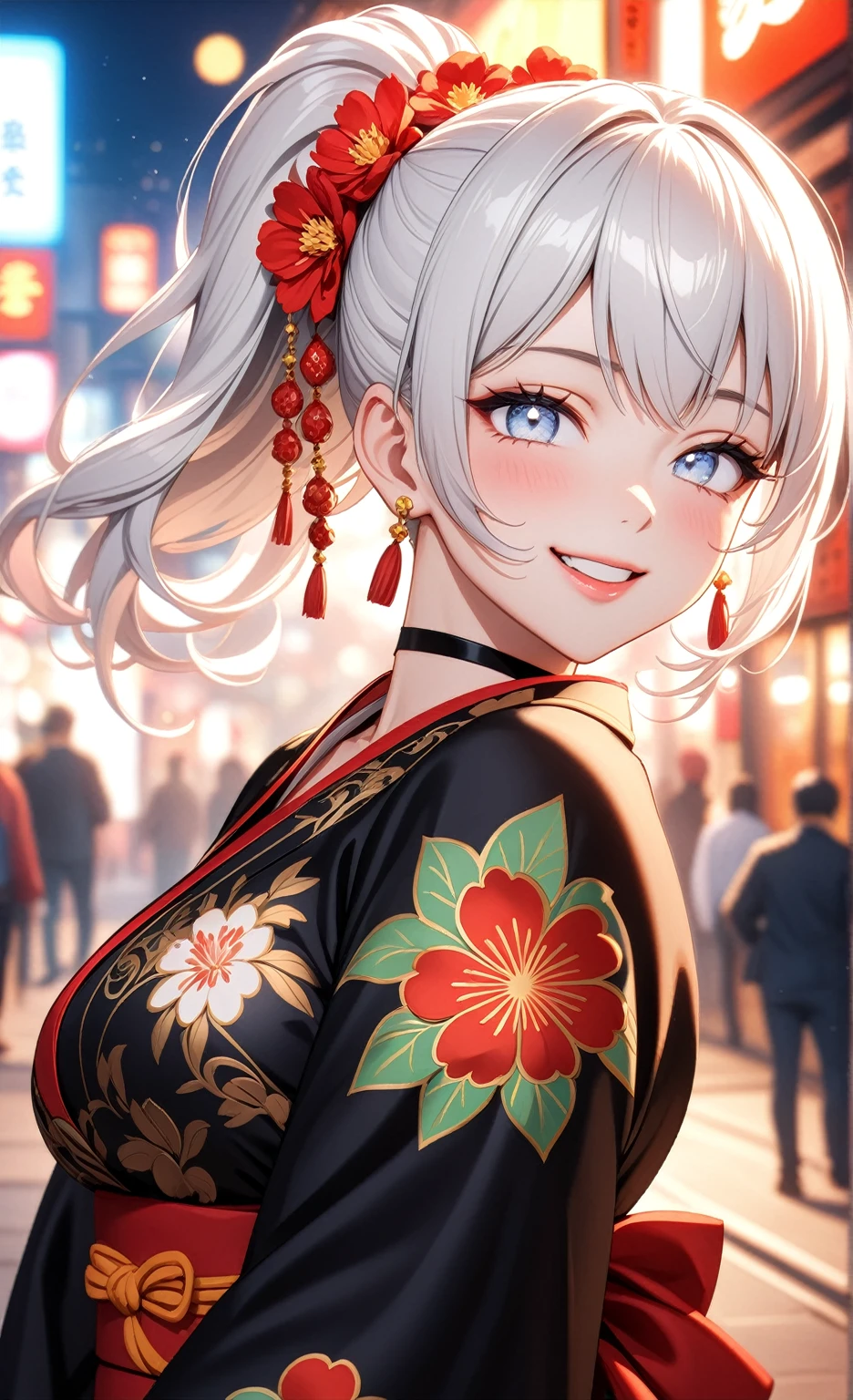 ((One personの女性)), Beautiful Face, (Laughing embarrassedly), (smirk), ((Wink:1.8)), Laugh with your mouth wide open,((Bright red cheeks:1.4)),Shiny red lips,night,Chinatown,You can see the ocean, firework,,Glossy pink lips,Facial lighting,((Anime style background)),masterpiece, Highest quality, so beautiful,up to date, Complex details, (Pink long nails), (ring),(bracelet),(choker),AI-generated, Complex,High resolution, Highest quality, super high quality,3D Images、3D Images,One person,Long white hair,High Ponytail,(blue eyes),Anime woman posing for a photo, ((Fine grain、Silvery white colorful eyes、Shining Eyes:1.3)),(Squint your eyes:1.1),a hyperRealistic , hyperRealistic , Realistic,Anime woman with long white hair, Smooth anime CG art, A woman in a colorful kimono with gold embroidery, (Black long sleeve kimono),Red floral pattern,Long flower hair ornament,Earrings,Mature Body,(Big Breasts:1.1),Tall,Abdominal muscles,Narrow waist,(Zoom up to face:1.2), ((from side)),