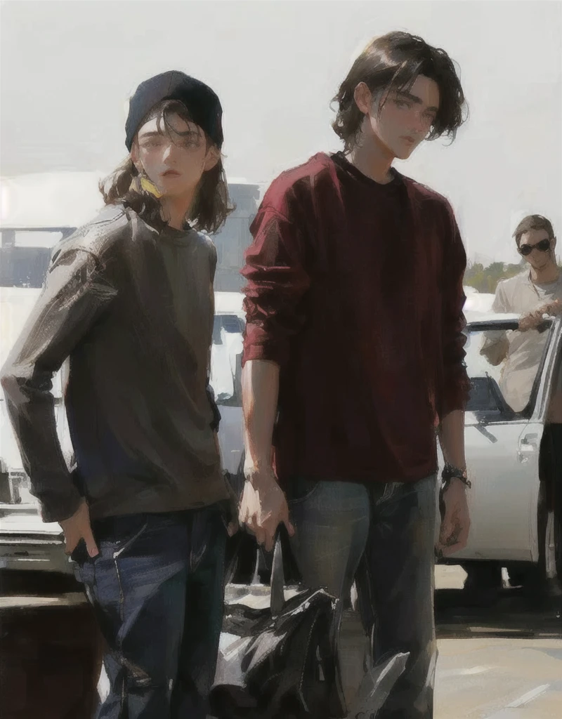 two teenagers standing next to each other, mid 90s, igla movie shot, road trip, movie scene, cinestill!!, clear features, masterpiece, detailed face