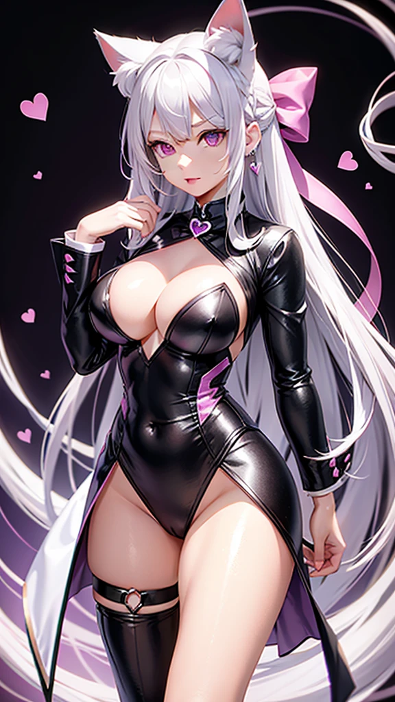 Silver hair, pink purple eyes, body, cat ears, sexy girl, earrings, heart background fantasy, uniform, hair bow