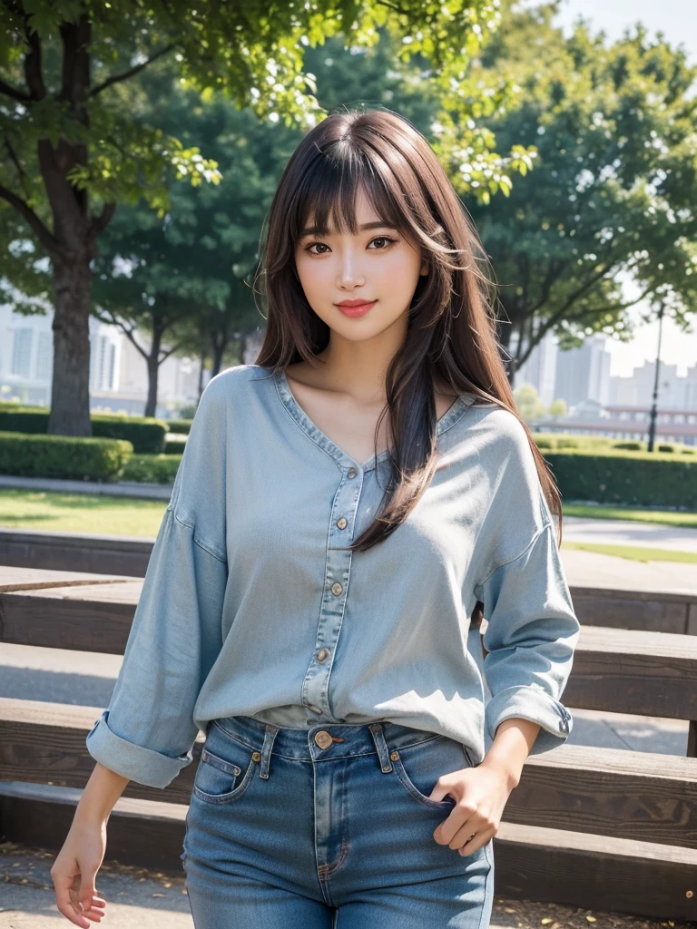 One girl,Beautiful Model , Instagram (photoRealistic, High resolution:1.4), ((Puffy eyes)), View your viewers, , whole body (8K, RAW Photos, Highest quality, masterpiece:1.2), (Realistic, photo-Realistic:1.37),(Sharp focus:1.2), Professional Lighting, Photon Mapping, Radio City, Physically Based Rendering, (Realistic skin:1.2),( ), View your viewers, (Mid-length hair:1.5),, Purple eyes, (Silver Hair:1.1),bangs, (Park Background:1.4), alone, Realistic,(masterpiece:1.4),(Highest quality:1.4),(Shiny skin),Fashionable Girl,compensate,smile(skinny,Mouth closed,shy :1.3) , shoulder,Full Color:1.1),whole bodyショット,No sleeve,jeans,Medium Bust,Sexy pose ,